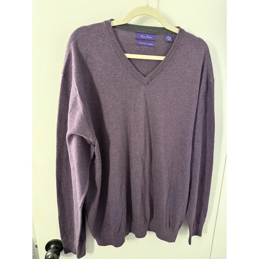 Alan Flusser Mens XL Purple Cotton Silk Cashmere V-Neck Sweater Heather Knit